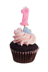 Mini cupcake with birthday candle for one year old isolated