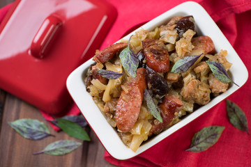 Polish traditional stew bigos, high angle view, studio shot