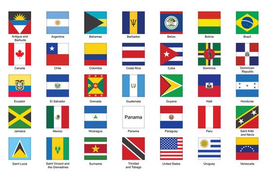 set of square icons with flags of Americas