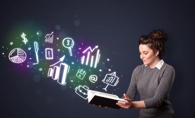 Young lady reading a book with business icons