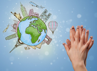 Cheerful finger smileys with famous landmarks of the globe