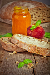 Sweet peach jam on bread