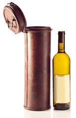 White wine and old wooden case