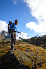 Fototapeta premium Hiker on the trek in Himalayas, Khumbu valley, Nepal