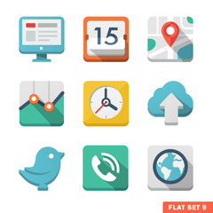 Universal Flat icon set. News, contacts, analitycs and communica