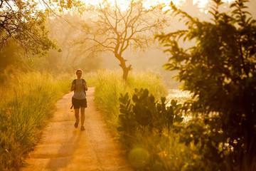 Obraz premium Woman has walk at the lakeside during sunrise