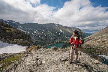 Fototapeta premium Hiker in Altai mountains