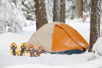 Camping during winter hiking in Carpathian mountains