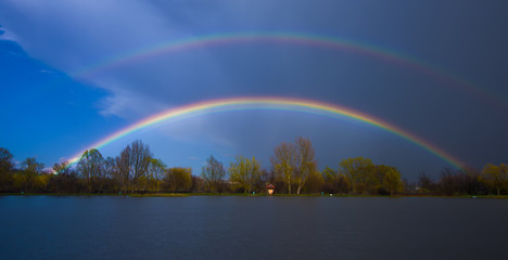 double rainbow over the lake