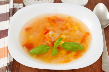 vegetable soup in white plate