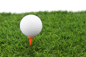 Golf ball on plastic tee in green grass.