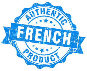 French product blue grunge stamp on white