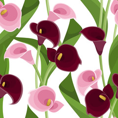 Seamless pattern with pink and purple calla lilies on white.