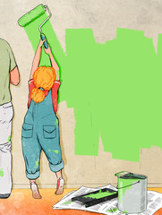 Little girl helps her father to paint walls