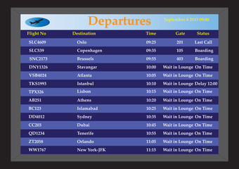 An Airport Departures monitor showing flight times