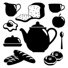 Breakfast ivector icons set, black isolated silhouettes