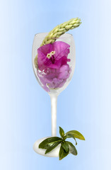 Decorative Display Of Pink Flowers In Frosted Wine Glass