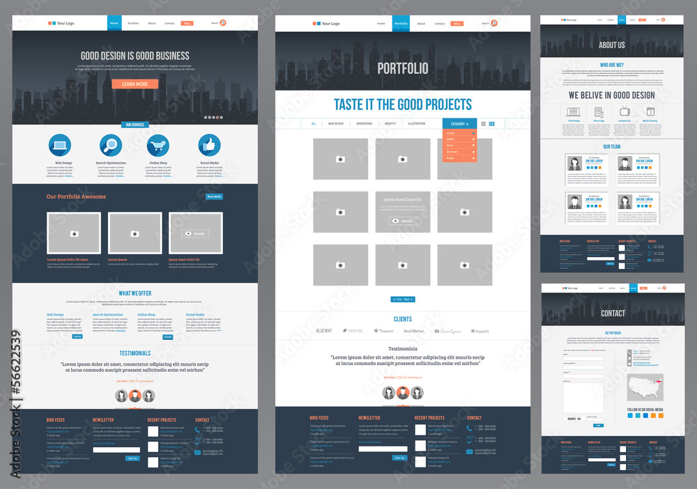 Wall mural flat website template (homepage, portfolio, about, contact)