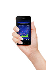 hand holding mobile phone with stock market chart