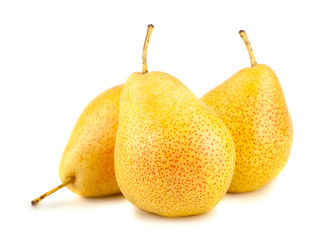 Three yellow pears on white