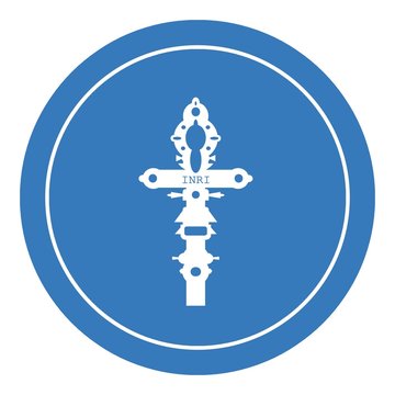 Croix dans un panneau rond bleu