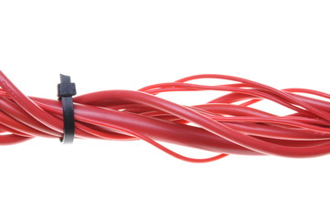 Multicolored computer cable with cable ties isolated on white