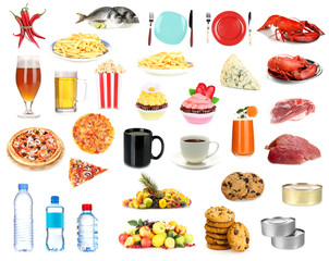 Set of food and drinks isolated on white