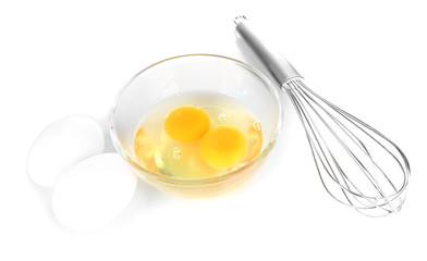 Corolla, flour and broken eggs isolated on white