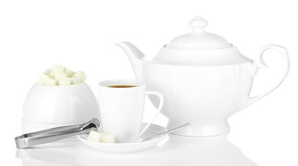 Cup of coffee,sugar-bowl and teapot isolated on white