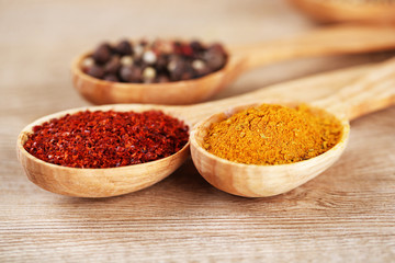 Assortment of spices in wooden spoons on wooden background