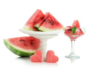 Fresh watermelon and watermelon dessert isolated on white