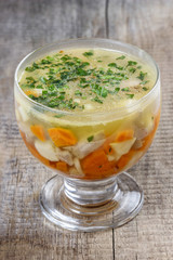 Meat and vegetables in jelly