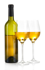 Wine bottle and wineglasses with white wine, isolated on white