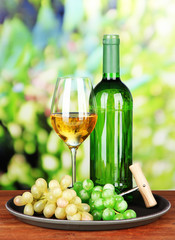 Fototapeta premium Wine bottle and glass of wine on tray, on bright background