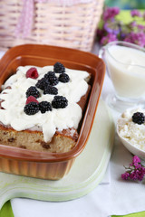 Cheese casserole with raisins in pan