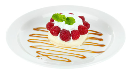 Tasty meringue cake with berries, isolated on white