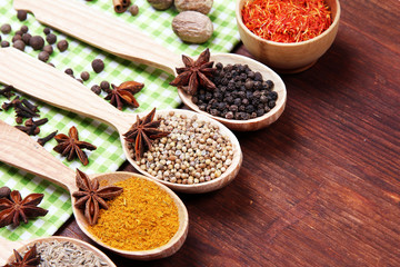 Various spices and herbs on table close up