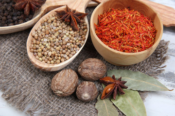 Various spices and herbs on table close up