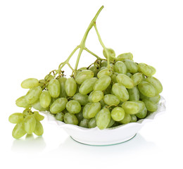 Ripe green grapes on plate isolated on white