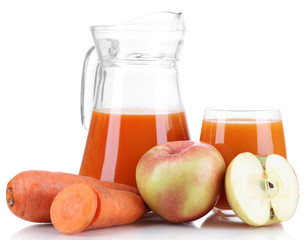 Carrot juice and fresh carrot and apple isolated on white