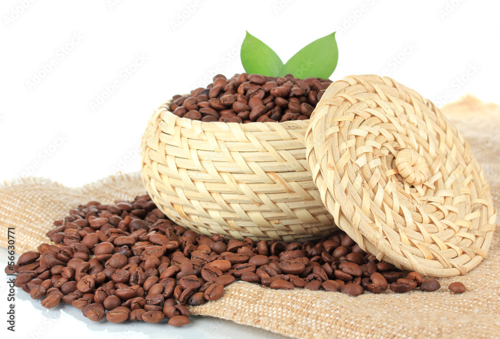 Poster Coffee beans in bowl on white background