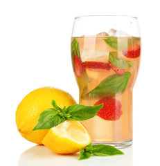 Basil lemonade with strawberry in glass, isolated on white