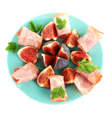 Tasty figs with ham, isolated on white