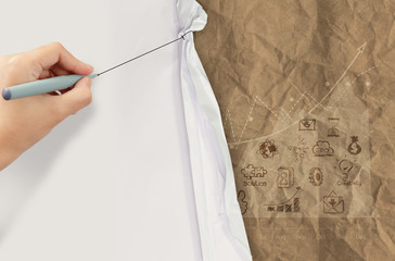 business hand draws rope open wrinkled paper show business strat