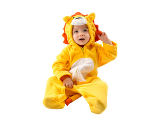 Child girl,dressed in lion carnival suit, isolated on white