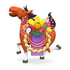 Fototapeta premium CheerfulHorseThatIsCarryingNew-year'sOrnamentFrontView
