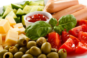 Appetizer - sausages, cheese and vegetables