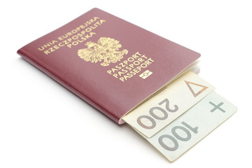 Money and red, polish passport on white background