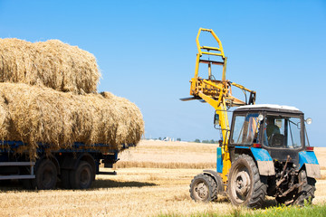Tractor loading hay bales on truck trailer