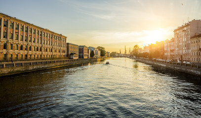 The houses on the Fontanka River in St. Petersburg at sunset